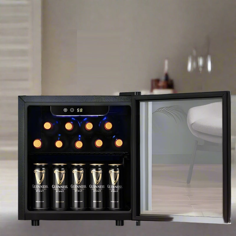 Chianti Wine Cooler by Vino Manor - Compact 12-bottle beverage refrigerator with digital temperature control and adjustable shelves, perfect for wine and beverage storage, sleek black design, ideal for kitchens, bars, and offices.